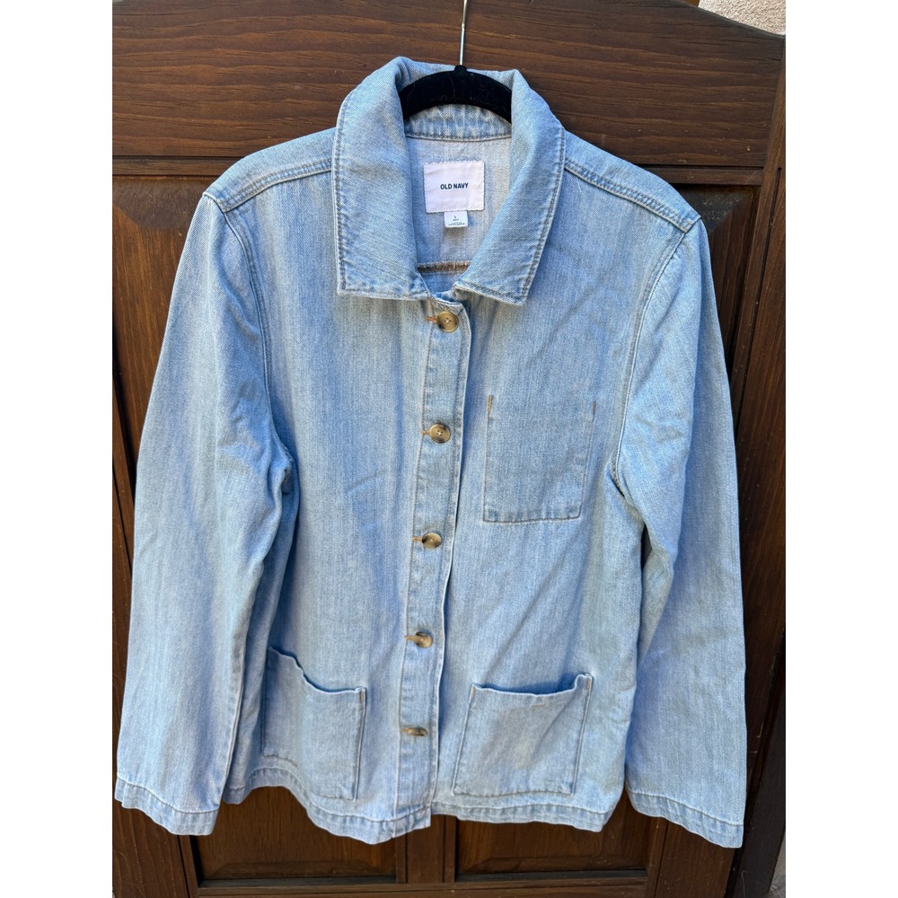 Old Navy Light Wash Denim Chore Jacket L Tall Cotton Button Front Utility Coat